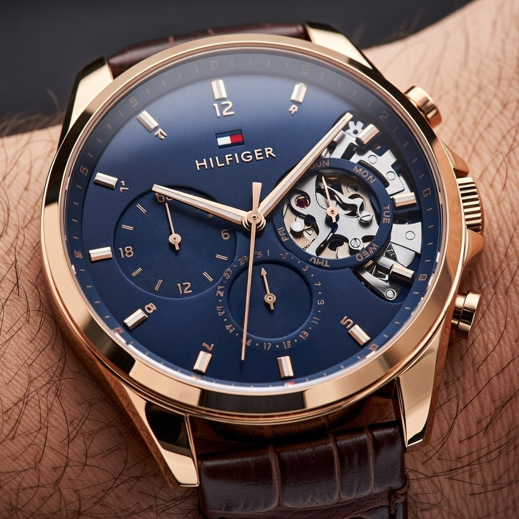 Tommy Hilfiger Baker 1710453 44mm Men's Multi-Function Watch – Blue & Brown Genuine Leather Strap