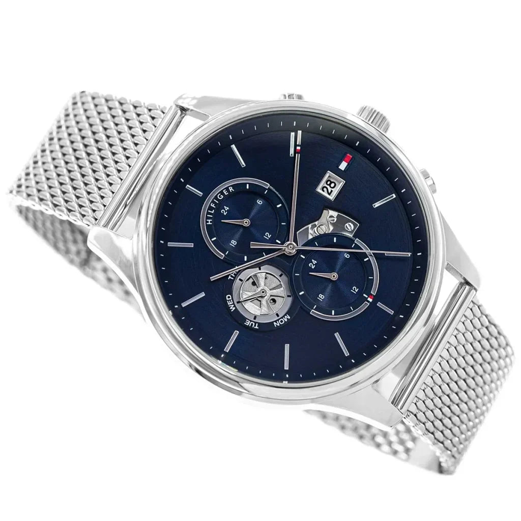 Tommy Hilfiger Baker 1710504 44mm Men's Multi-Function Watch – Navy & Silver Stainless Steel Mesh Bracelet