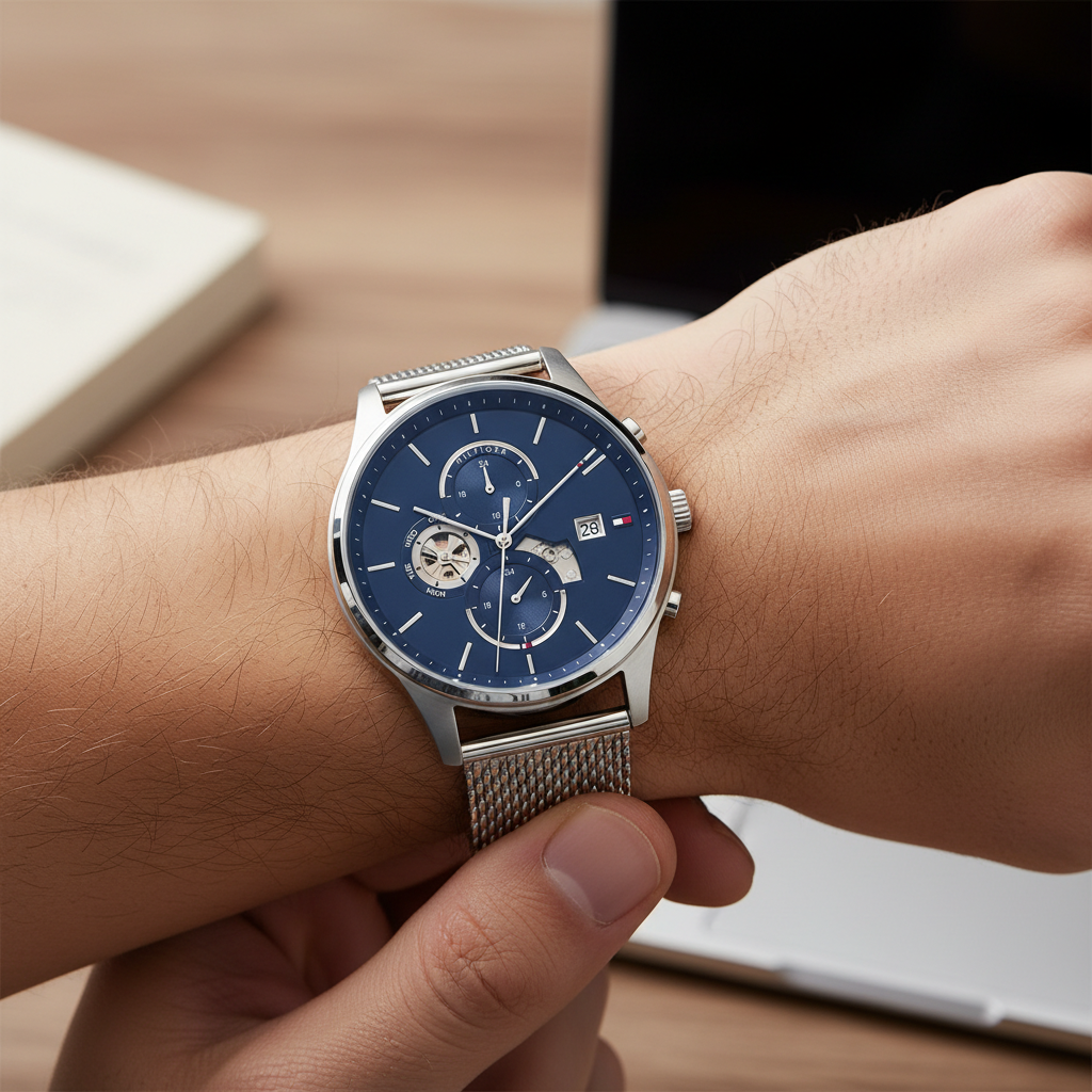 Tommy Hilfiger Baker 1710504 44mm Men's Multi-Function Watch – Navy & Silver Stainless Steel Mesh Bracelet
