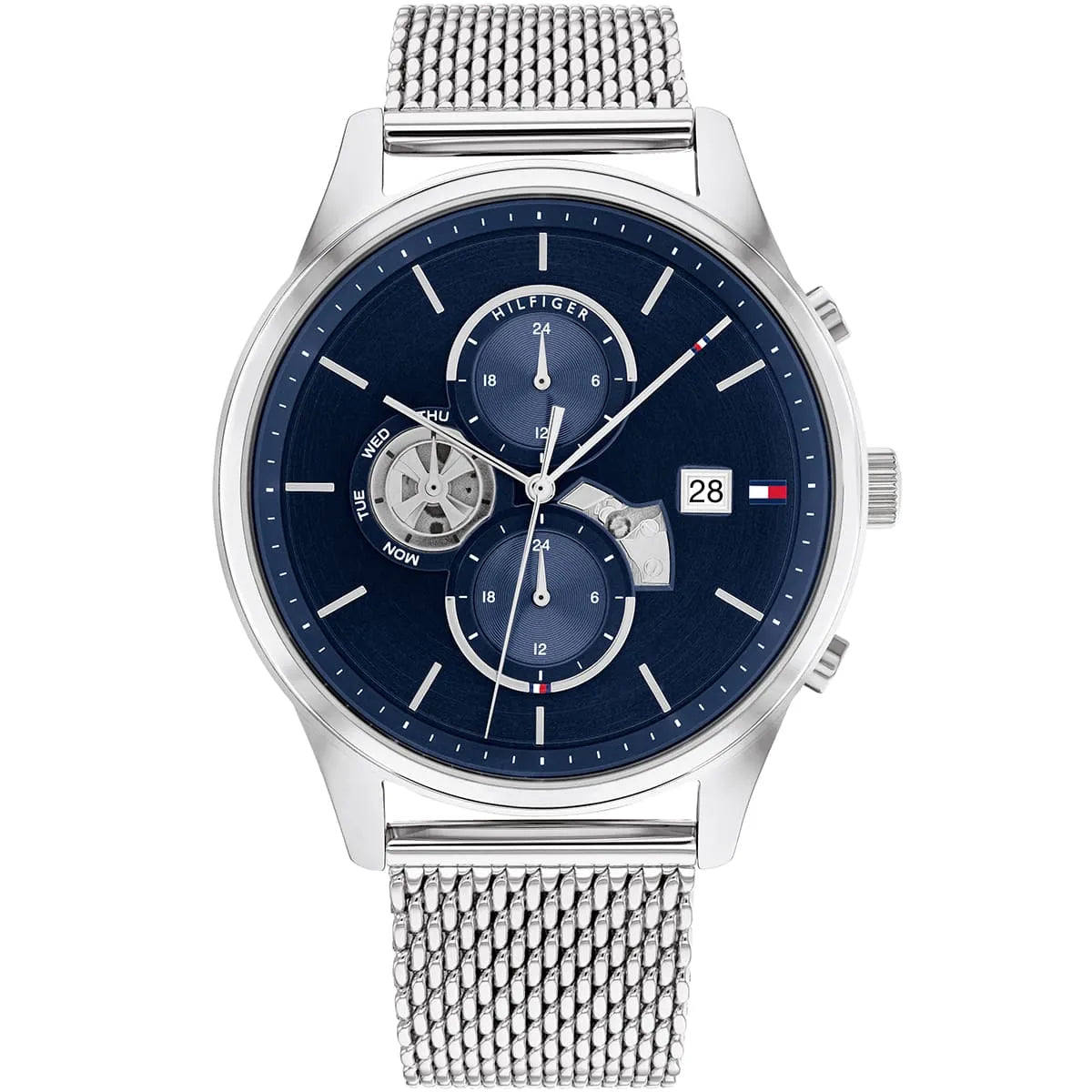 Tommy Hilfiger Baker 1710504 44mm Men's Multi-Function Watch – Navy & Silver Stainless Steel Mesh Bracelet