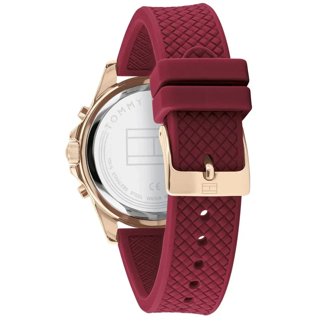 Tommy Hilfiger Lori 1782200 38mm Women's Multi-Function Watch – White Sunray & Berry Rubber Strap