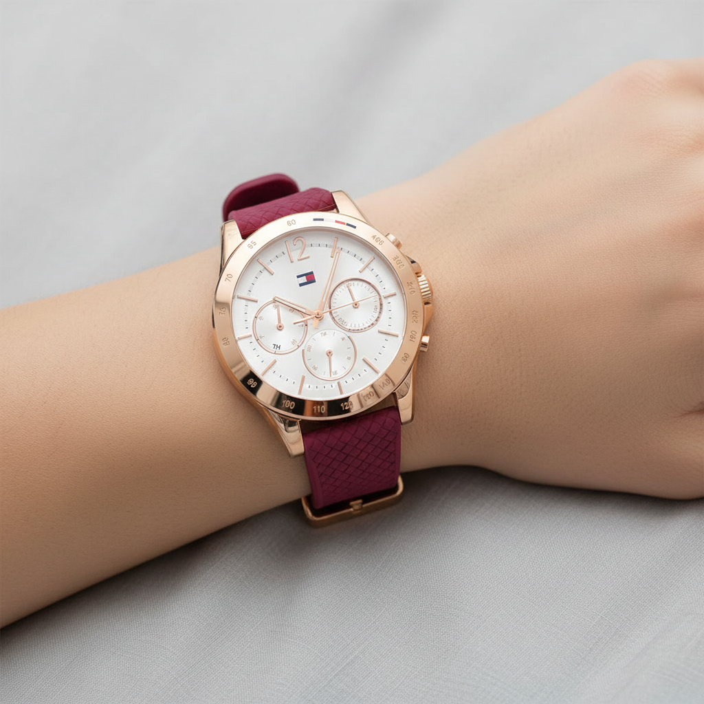 Tommy Hilfiger Lori 1782200 38mm Women's Multi-Function Watch – White Sunray & Berry Rubber Strap