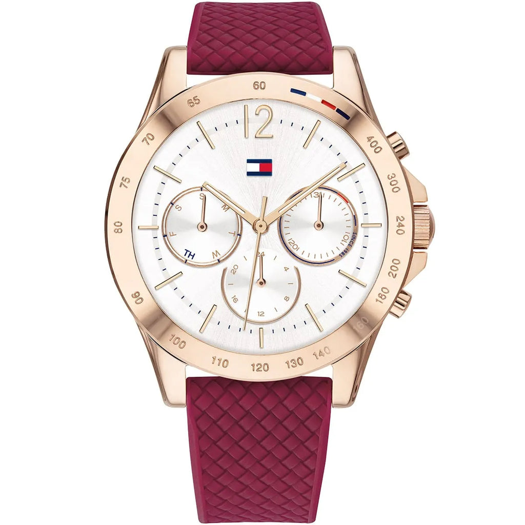 Tommy Hilfiger Lori 1782200 38mm Women's Multi-Function Watch – White Sunray & Berry Rubber Strap