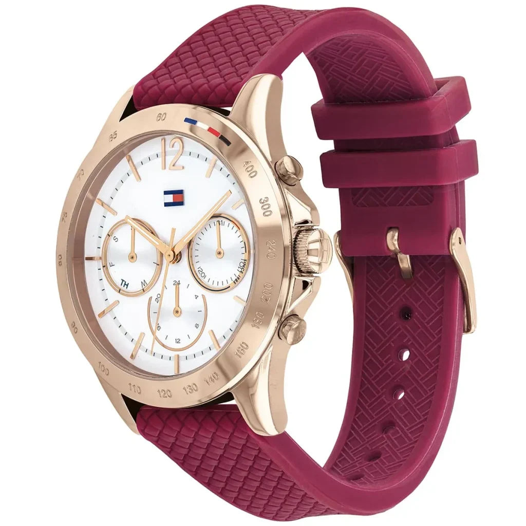 Tommy Hilfiger Lori 1782200 38mm Women's Multi-Function Watch – White Sunray & Berry Rubber Strap
