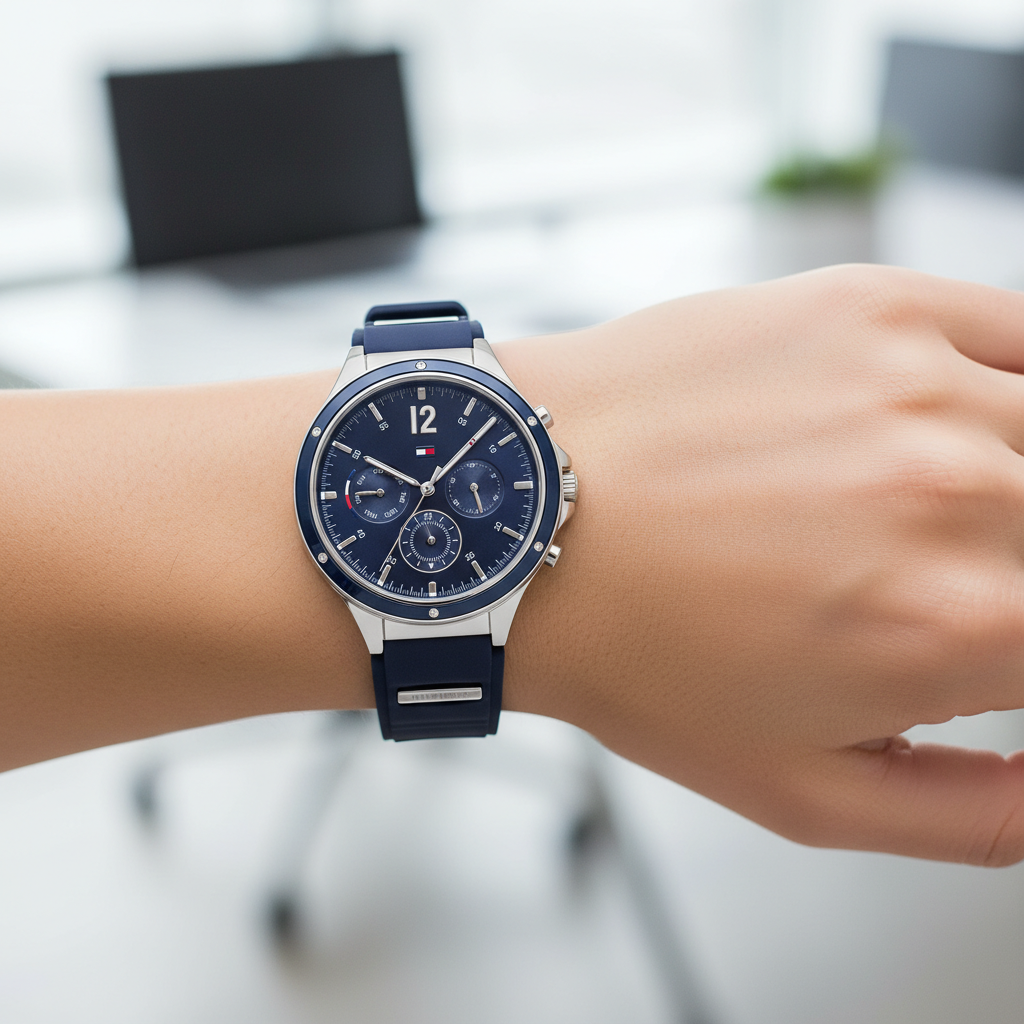 Tommy Hilfiger Lori 1782281 38mm Women's Multi-Function Watch – Navy Sunray & Navy Rubber Strap