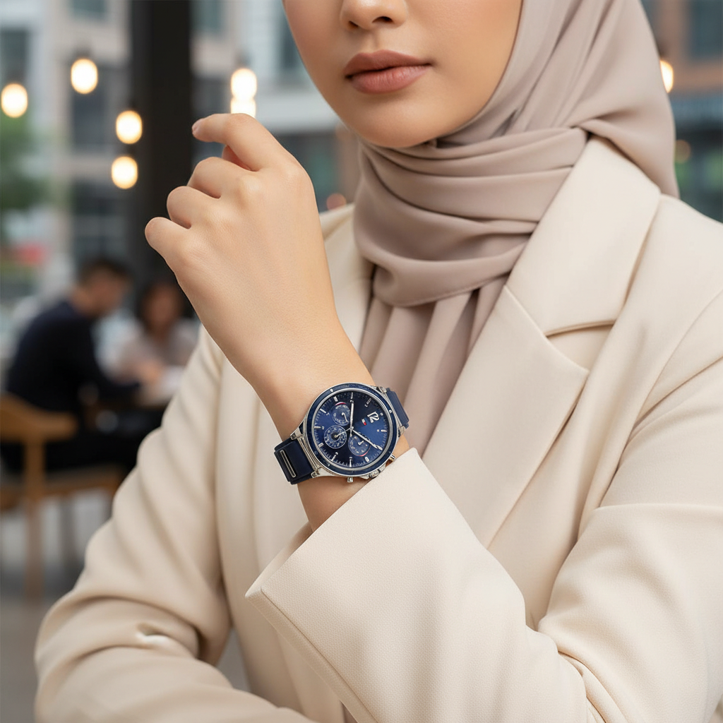 Tommy Hilfiger Lori 1782281 38mm Women's Multi-Function Watch – Navy Sunray & Navy Rubber Strap