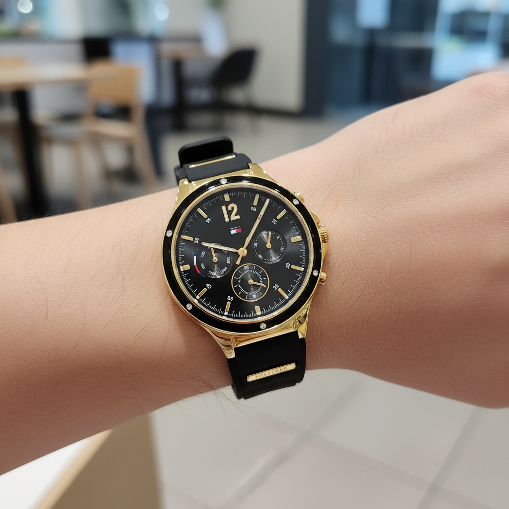 Tommy Hilfiger Lori 1782282 38mm Women's Multi-Function Watch – Black Sunray & Black Rubber Strap
