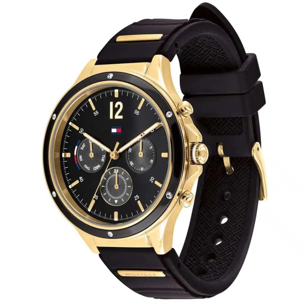 Tommy Hilfiger Lori 1782282 38mm Women's Multi-Function Watch – Black Sunray & Black Rubber Strap