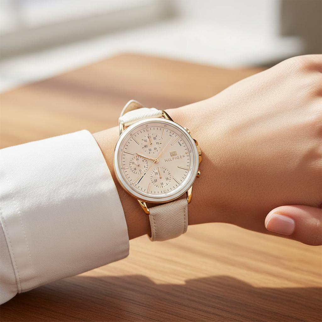Tommy Hilfiger Shawn 1781789 38mm Women's Multi-Function Watch – Beige & White Genuine Leather Strap
