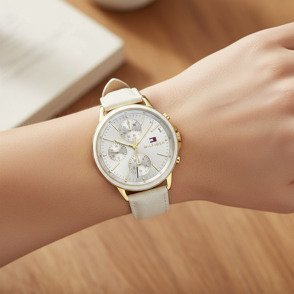 Tommy Hilfiger Shawn 1781790 38mm Women's Multi-Function Watch – Silver Sunray & White Genuine Leather Strap