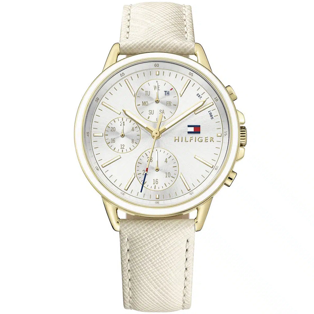 Tommy Hilfiger Shawn 1781790 38mm Women's Multi-Function Watch – Silver Sunray & White Genuine Leather Strap