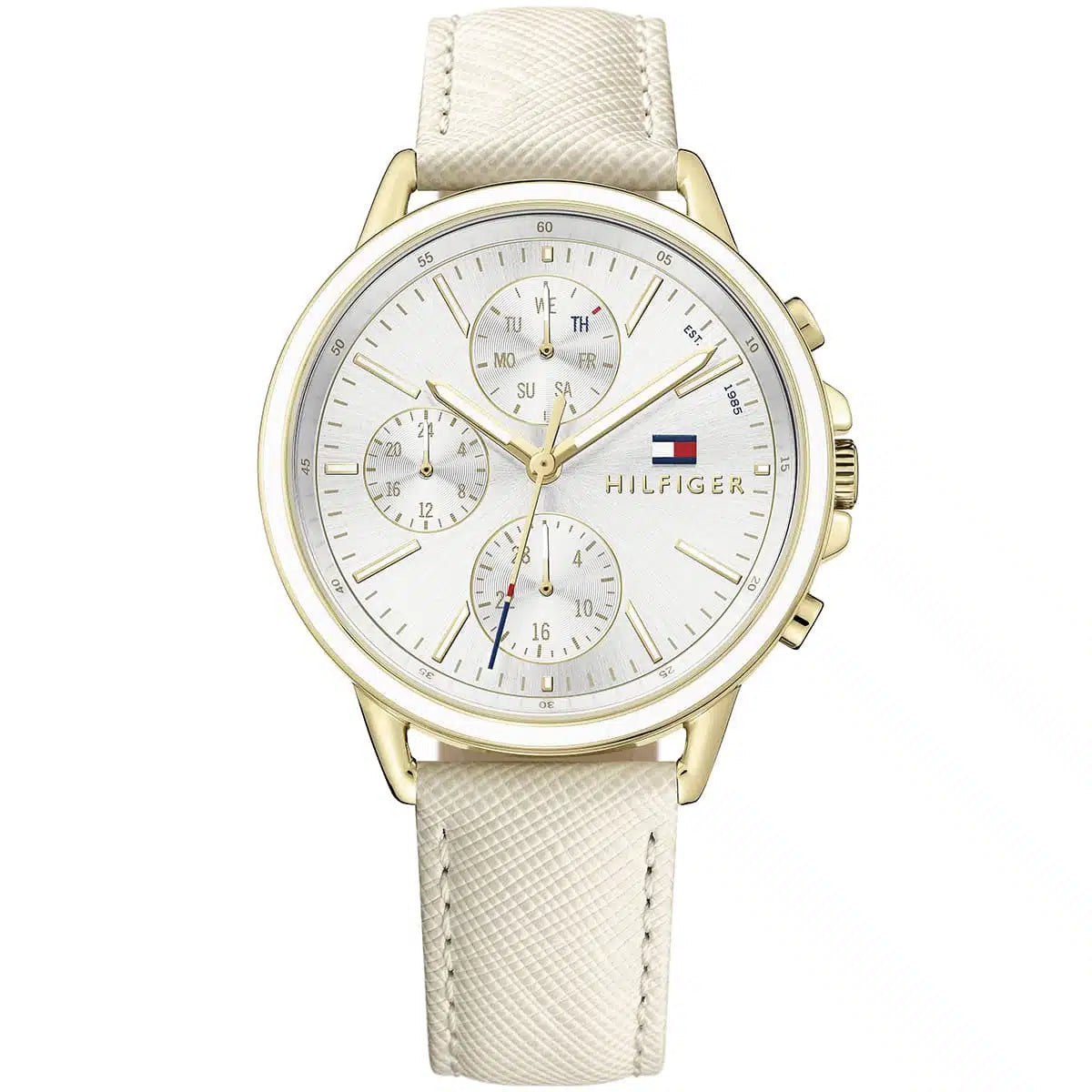 Tommy Hilfiger Shawn 1781790 38mm Women's Multi-Function Watch – Silver Sunray & White Genuine Leather Strap