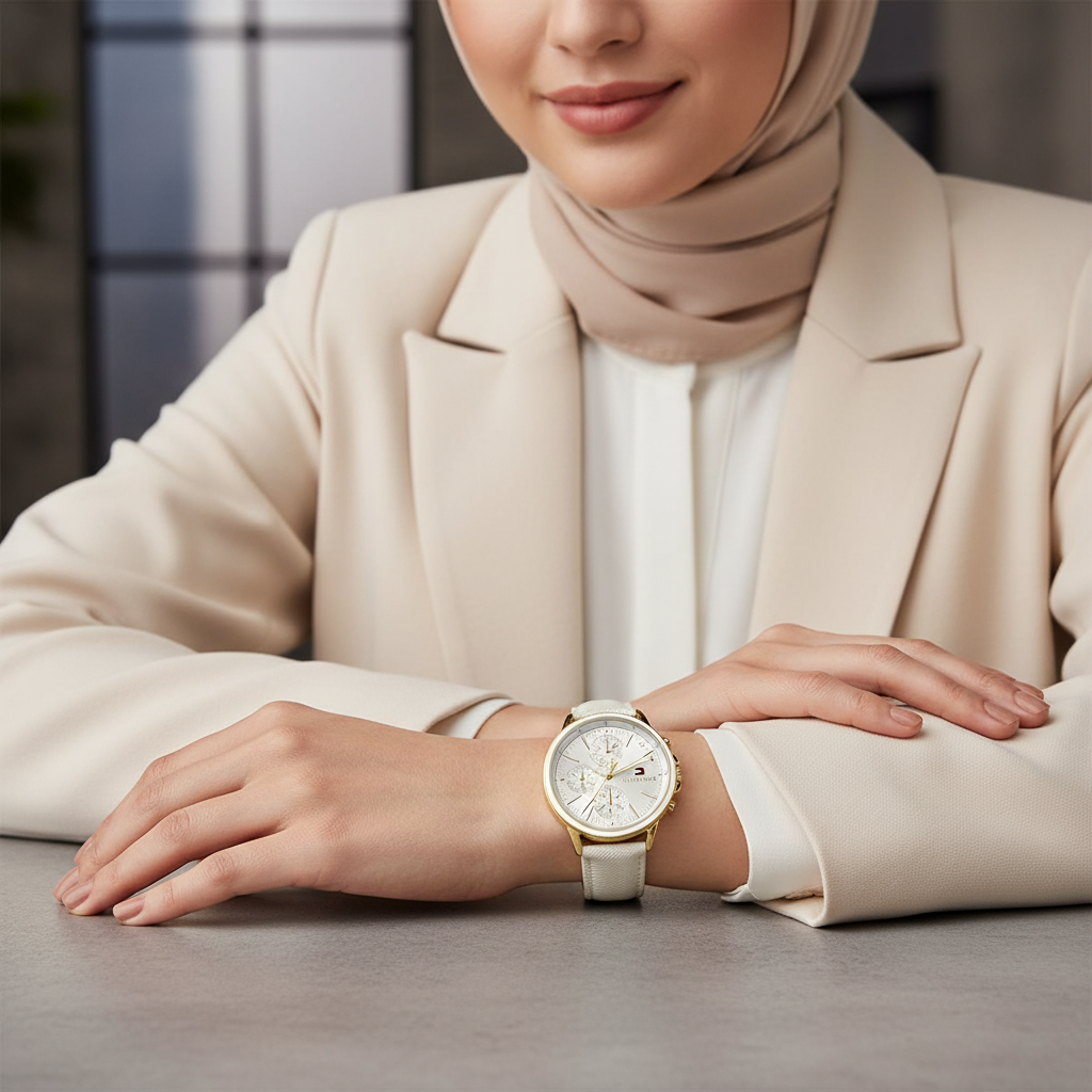 Tommy Hilfiger Shawn 1781790 38mm Women's Multi-Function Watch – Silver Sunray & White Genuine Leather Strap