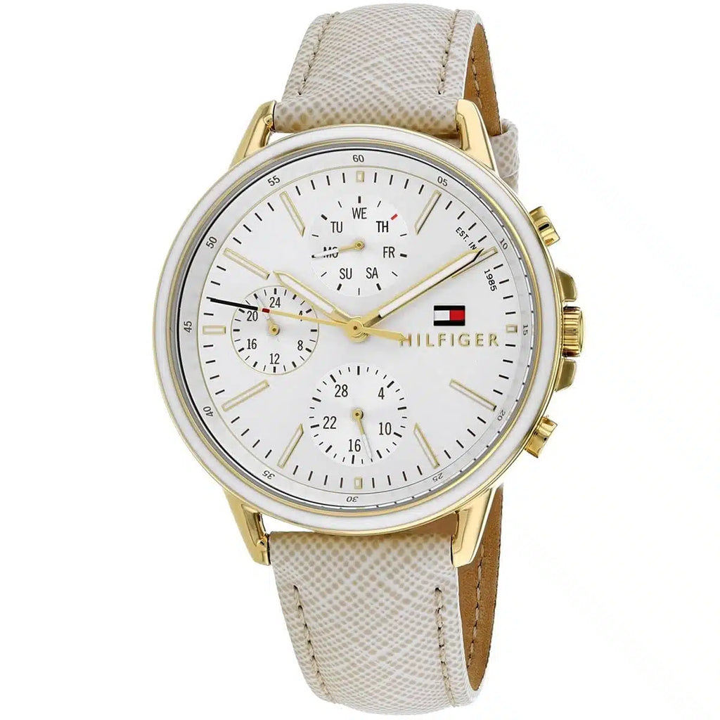 Tommy Hilfiger Shawn 1781790 38mm Women's Multi-Function Watch – Silver Sunray & White Genuine Leather Strap
