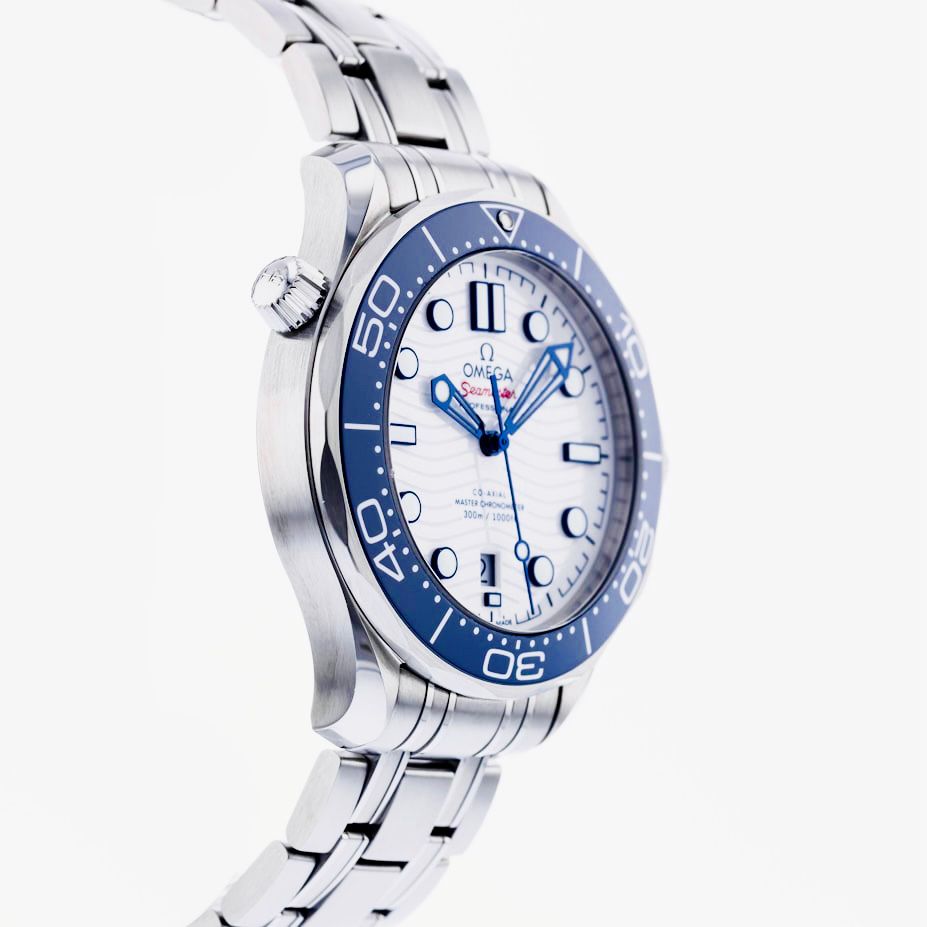 Omega Seamaster Diver 300M 42mm Master Quality Watch – White Dial, Blue Bezel & Stainless Steel Bracelet